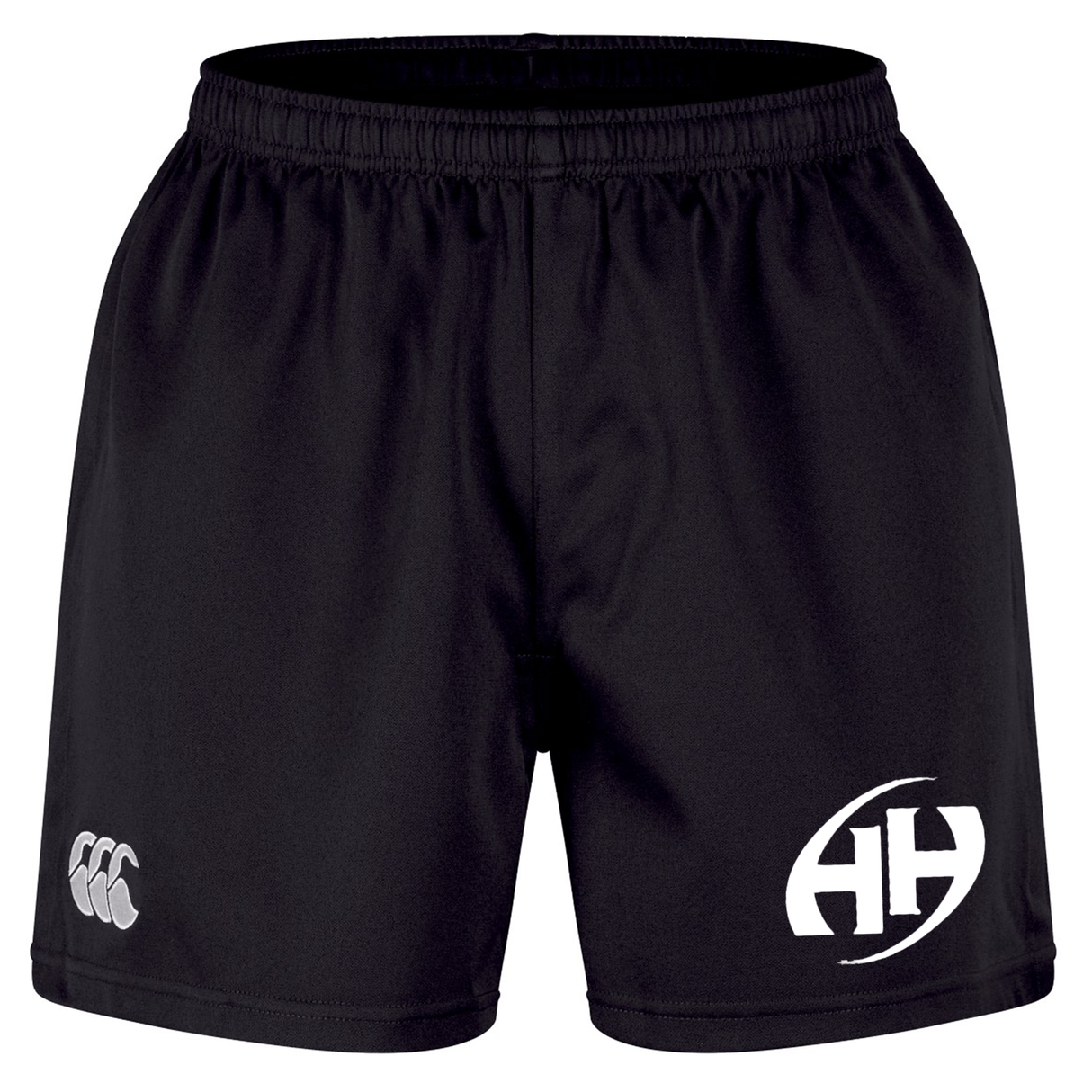 The Clarksville Headhunters Professional Short 2.0 by EMB Canterbury features a black design with an elastic waistband and two white logos—one on the left thigh and one on the right thigh. These durable athletic shorts are built for comfort and performance during intense workouts or professional sports activities.