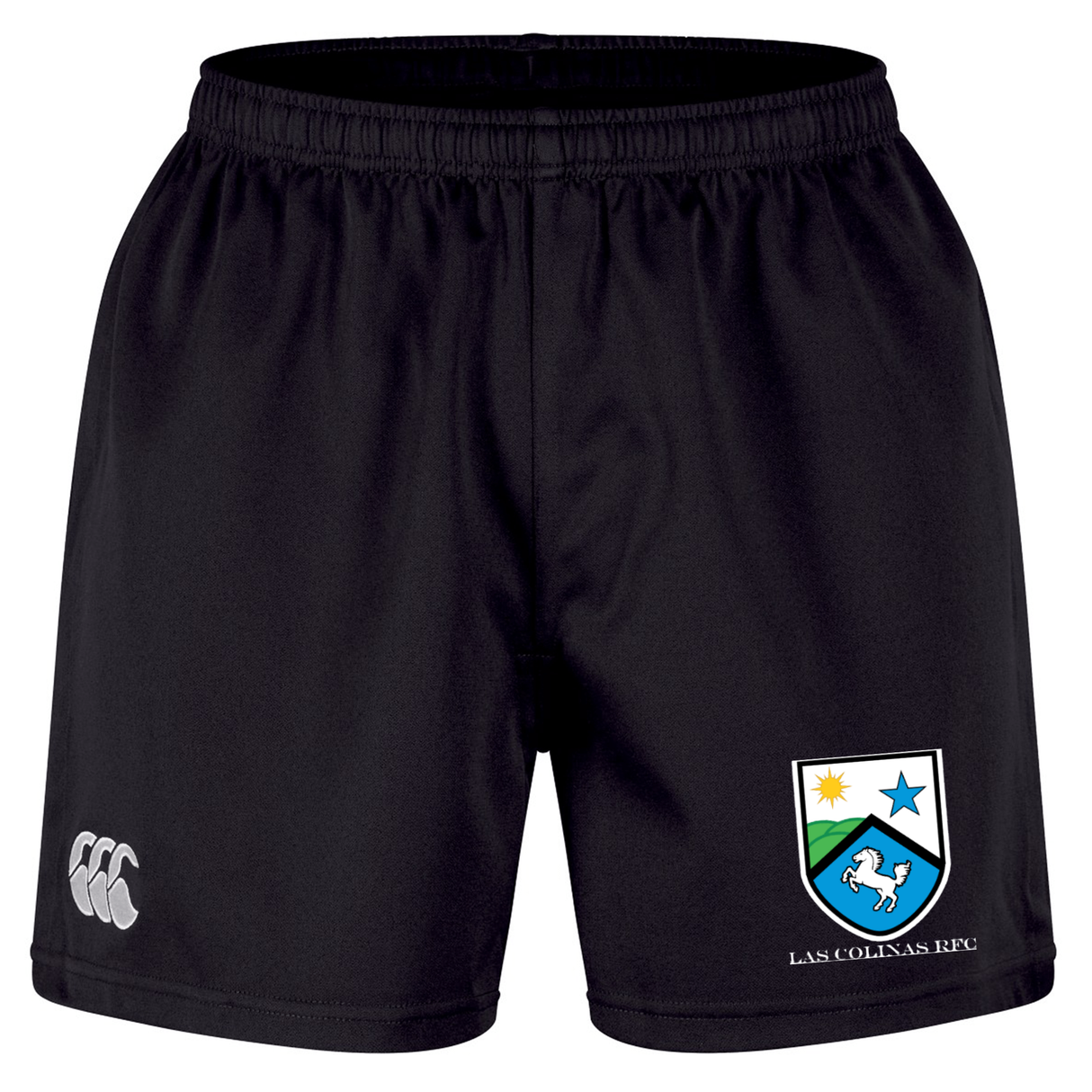 The Las Colinas Rugby Professional Short 2.0 by Canterbury from EMB Canterbury features an elastic waistband, a white EMB Canterbury logo on the left leg, and a vibrant Las Colinas RFC crest on the right leg. These durable shorts are designed for optimal performance and comfort, making them ideal as rugby shorts or for everyday training wear.