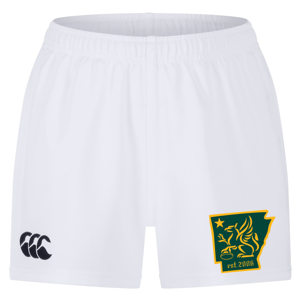 The Arkansas Gryphons Professional Short 2.0 by EMB Canterbury are white rugby shorts featuring the iconic Canterbury logo on the left leg and a green and yellow Arkansas Gryphons emblem with a griffin and “est. 2006” on the right leg.