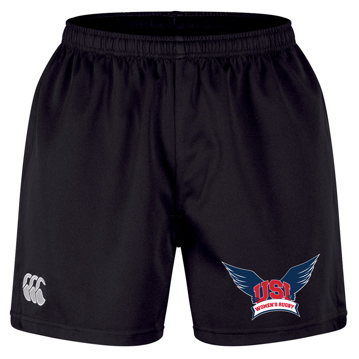 These University of Southern Indiana Women Professional Short 2.0 by EMB Canterbury rugby shorts feature a classic black design with an elastic waistband, a CCC logo on the left leg, and a University of Southern Indiana emblem on the right leg. Crafted as durable athletic shorts, they are perfect for intense training sessions or game day.