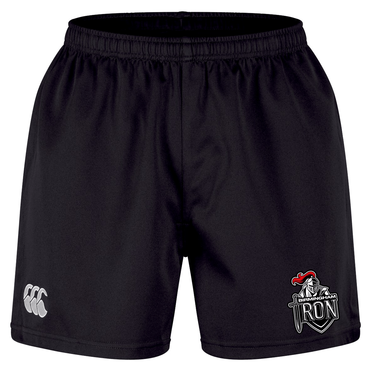 The Birmingham Iron Women's Football Professional Short 2.0 by EMB Canterbury features an elastic waistband, a white Canterbury logo on the left leg, and a Birmingham Iron logo on the right—durable for both on and off the field.