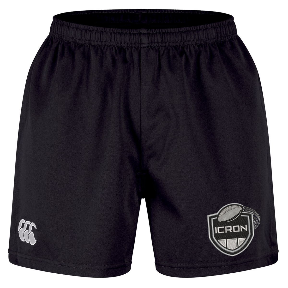 Durable black ICRON Professional Short 2.0 by Canterbury athletic shorts with an elastic waistband, a logo on the left leg, and a rugby ball emblem with “ICRON” on the right leg.