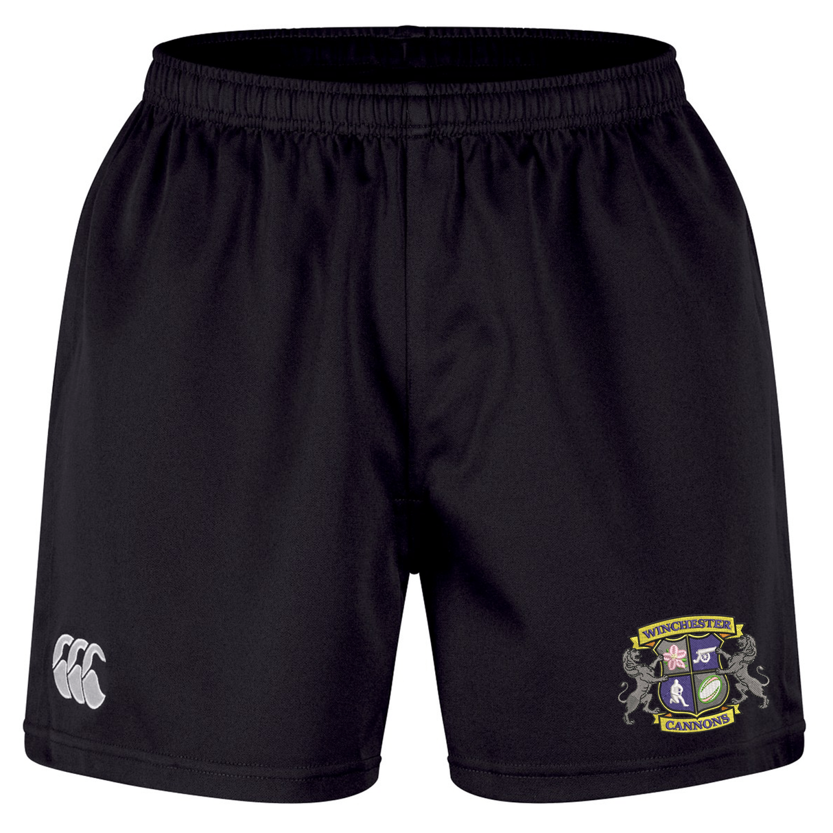 Winchester Cannons Professional Short 2.0 by EMB Canterbury, featuring an embroidered team crest on one leg and a white Canterbury logo on the other.