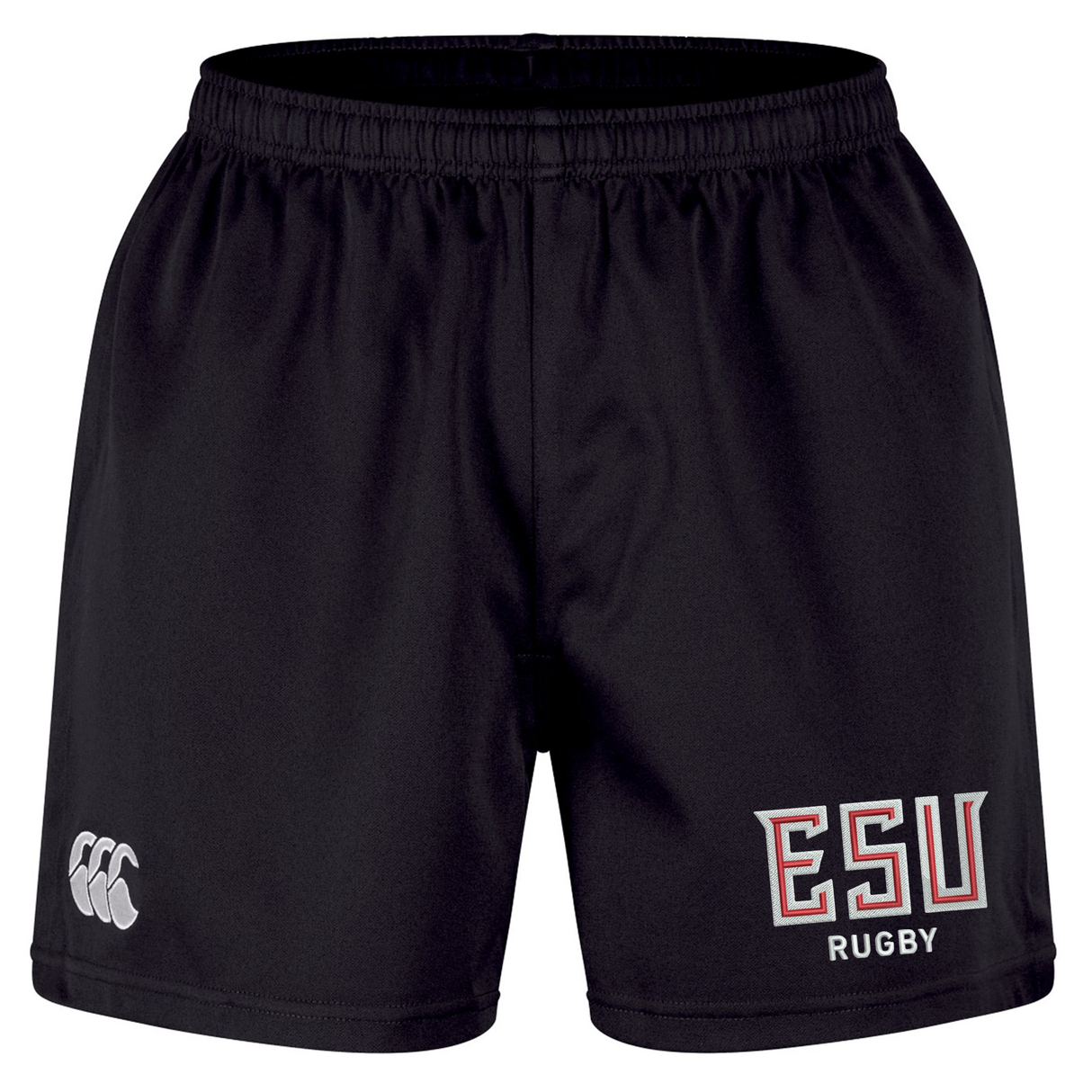 The East Stroudsburg University Professional Short 2.0 by EMB Canterbury features an elastic waistband, CCC logo on the left leg, "ESU RUGBY" text on the right, and is designed for durability and performance both on and off the field.
