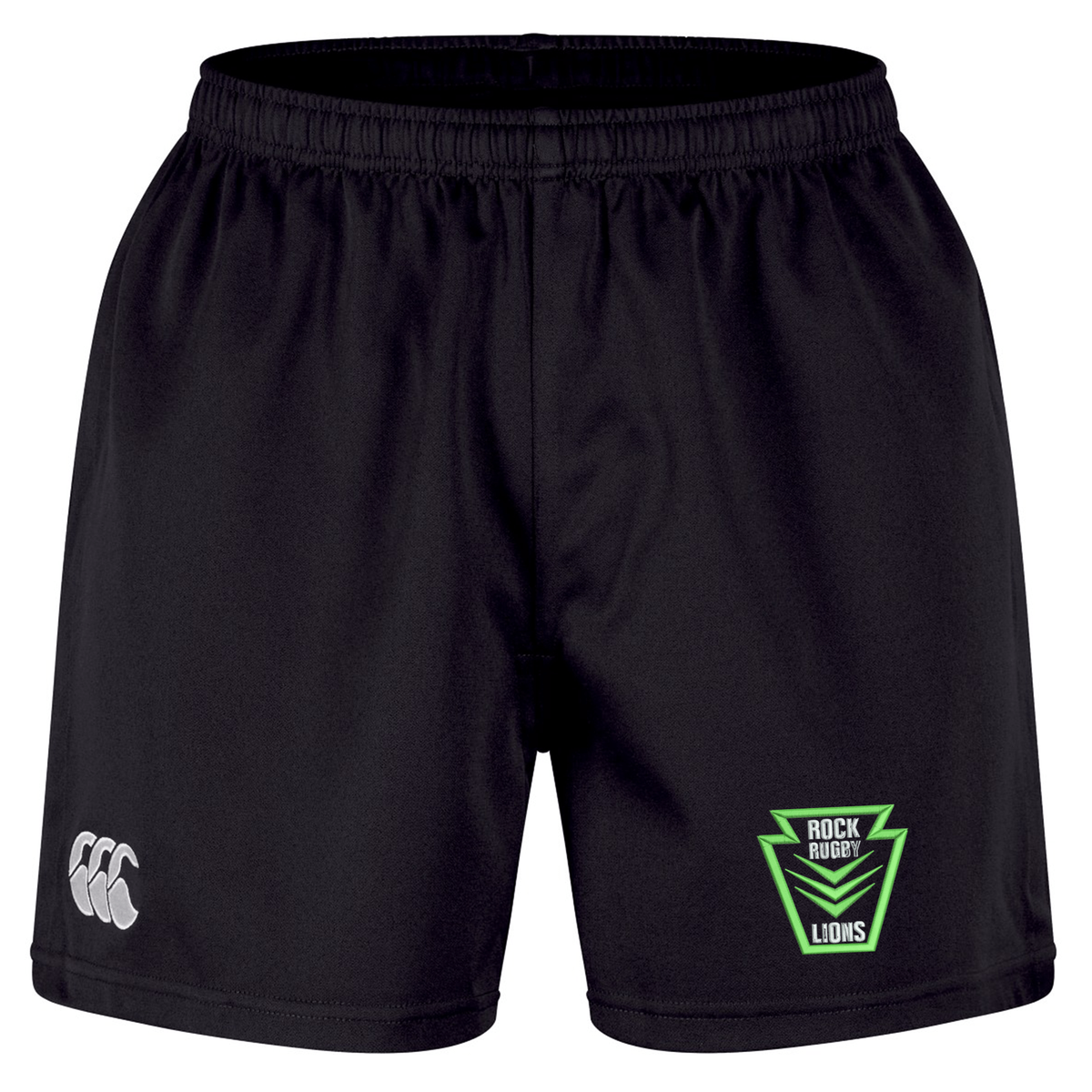 Black Rock Rugby Professional Short 2.0 recycled polyester shorts featuring a logo on the left leg and a “Rock Rugby Lions” green shield emblem on the right leg.