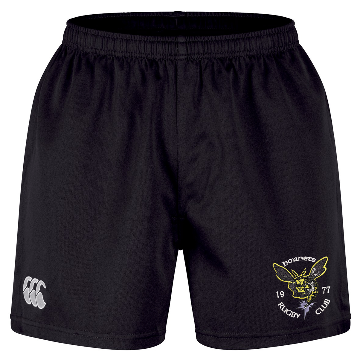 The Hornets Rugby Club Professional Short 2.0 by Canterbury features an elastic waistband, the Hornets Rugby Club logo on the right leg, and the EMB Canterbury logo on the left leg—crafted in the Professional 2.0 Short style for peak rugby performance.