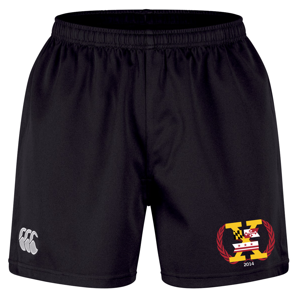 The Potomac Exiles Rugby Club Professional Short 2.0 by EMB Canterbury features a black design with an elastic waistband, the iconic "CCC" logo on the left leg, and a multicolored crest with "2014" on the right leg. Built for both comfort and performance, these durable athletic shorts are ideal for professional rugby matches or everyday training sessions.