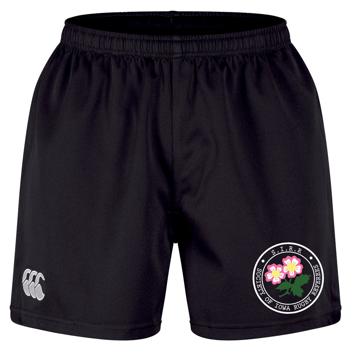 The Society of Iowa Rugby Referees Professional Short 2.0 by EMB Canterbury is a pair of black rugby shorts made from recycled polyester, designed with an elastic waistband for comfort, the classic white EMB Canterbury logo on the left leg, and a distinctive circular badge adorned with pink flowers on the right leg—making these stylish professional shorts perfect for training sessions as well as everyday wear.