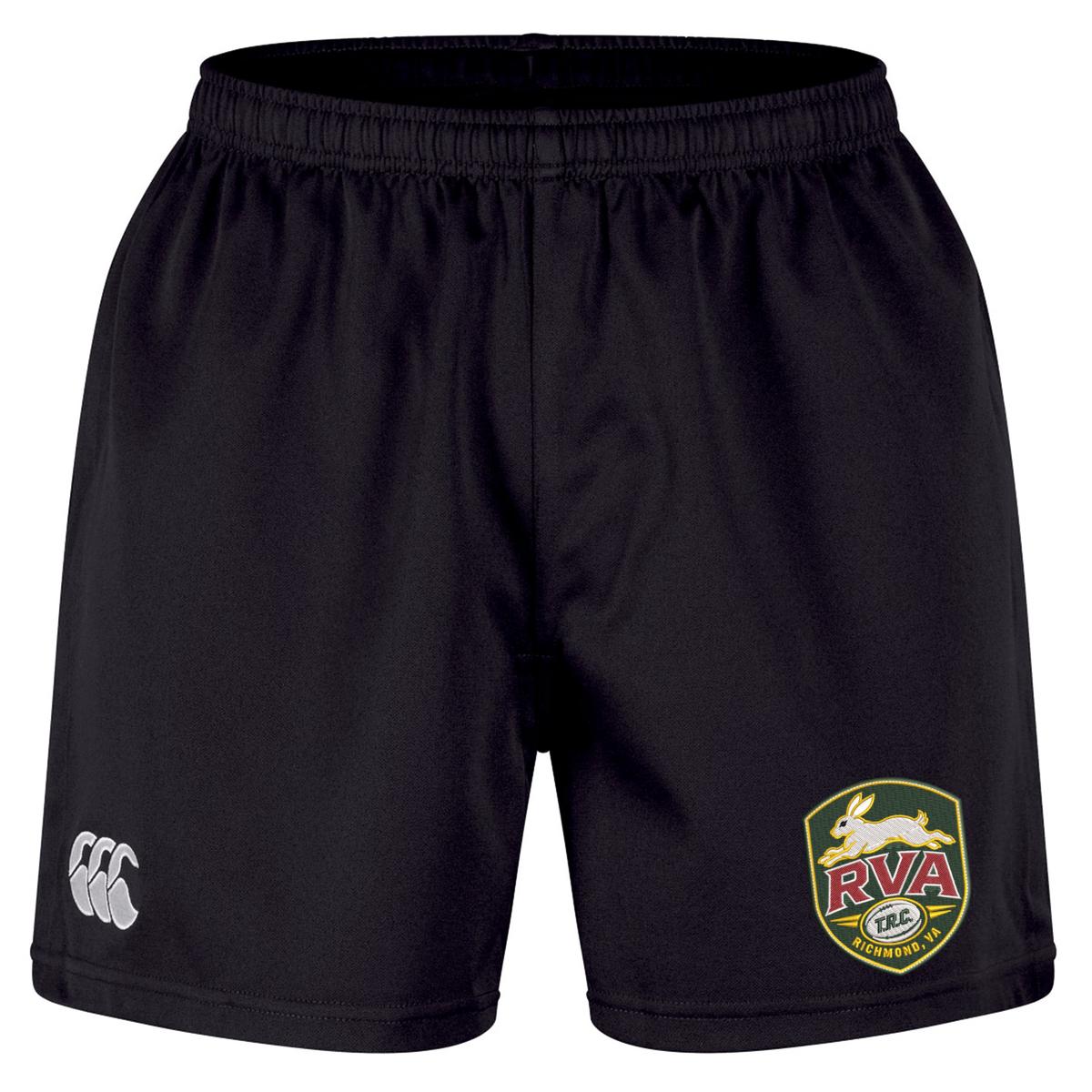 The RVA T.R.C. Professional Short 2.0 by EMB Canterbury are black athletic shorts made from durable sportswear fabric, featuring an elastic waistband, a white Canterbury (CCC) logo on the left leg, and an RVA rugby club badge on the right leg. Designed for both comfort and performance on and off the field, these professional rugby shorts are ideal for dedicated athletes.