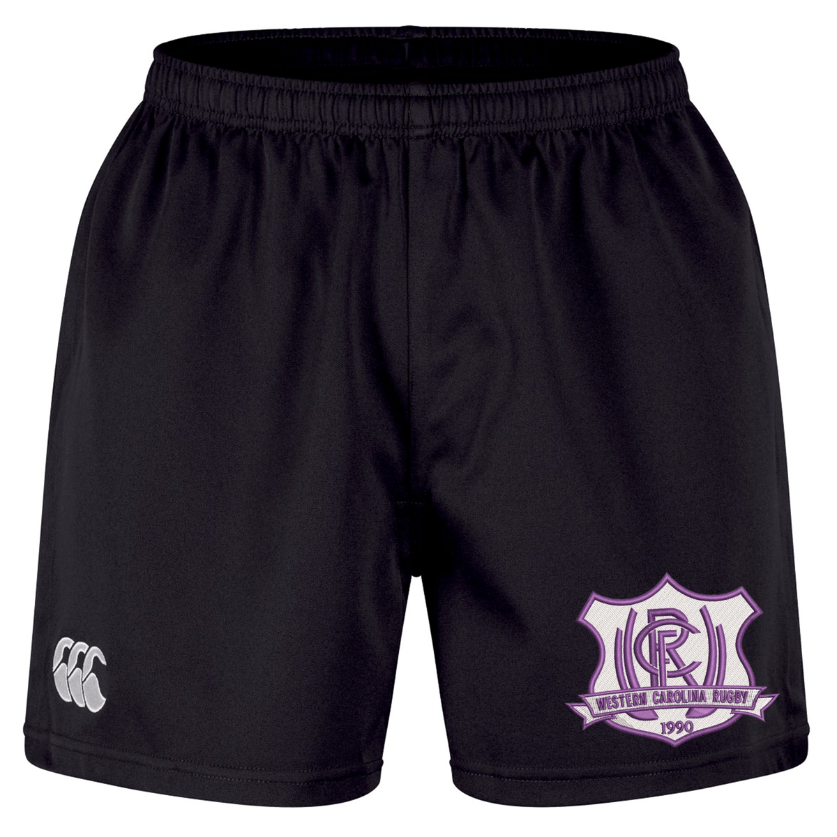 Durable black Western Carolina University Professional Short 2.0 by Canterbury with a white logo on the right leg and a purple and white Western Carolina Rugby emblem on the left leg.
