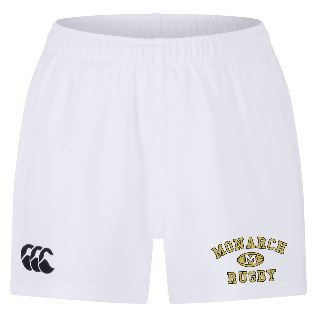 Experience top-level comfort and performance on the field with the Monarch Rugby Club Professional Short 2.0 by Canterbury from EMB Canterbury. These durable white athletic shorts feature an elastic waistband, a black CCC logo on the left leg, and “MONARCH RUGBY” in yellow and black on the right leg, taking inspiration from the classic Canterbury Professional 2.0 Short design.
