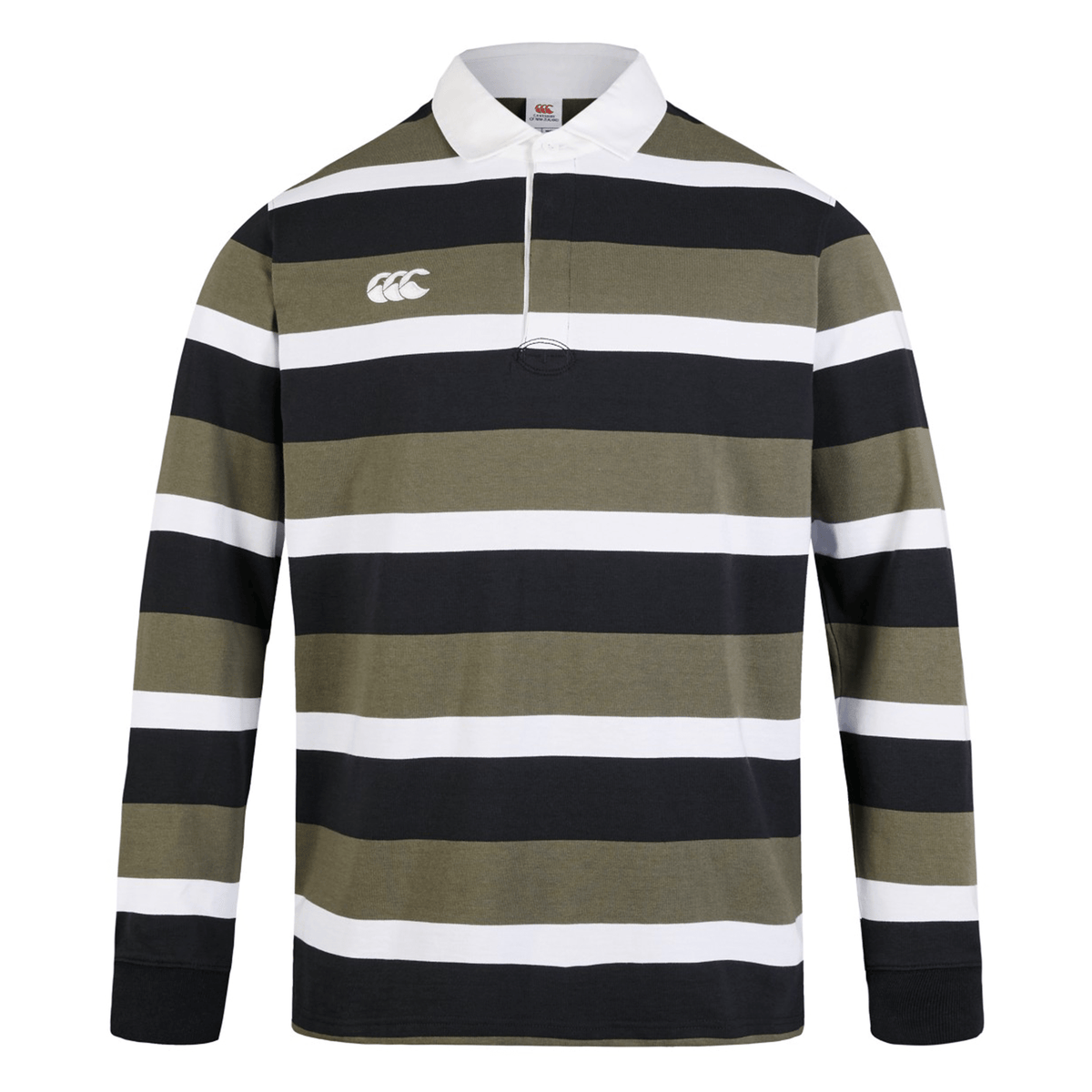 The Canterbury Yarn Dye Long Sleeve Striped Rugby Jersey showcases black, white, and olive green yarn-dyed stripes, a white collar, and a small embroidered chest logo.