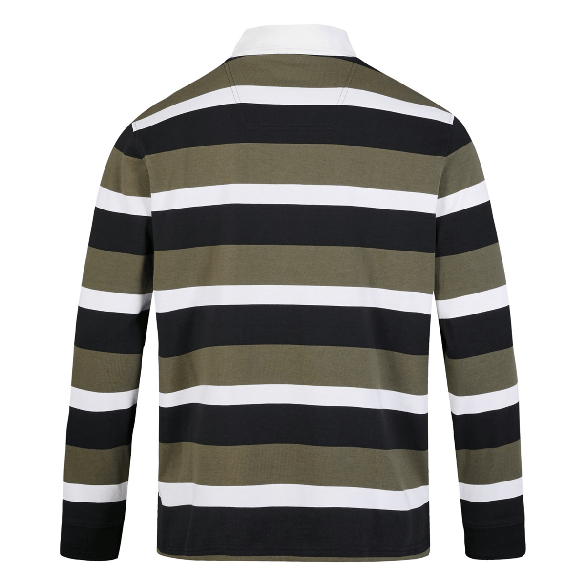 The Canterbury Yarn Dye Long Sleeve Striped Rugby Jersey boasts yarn-dyed horizontal stripes in black, white, and olive green with a classic white collar, viewed from the back.