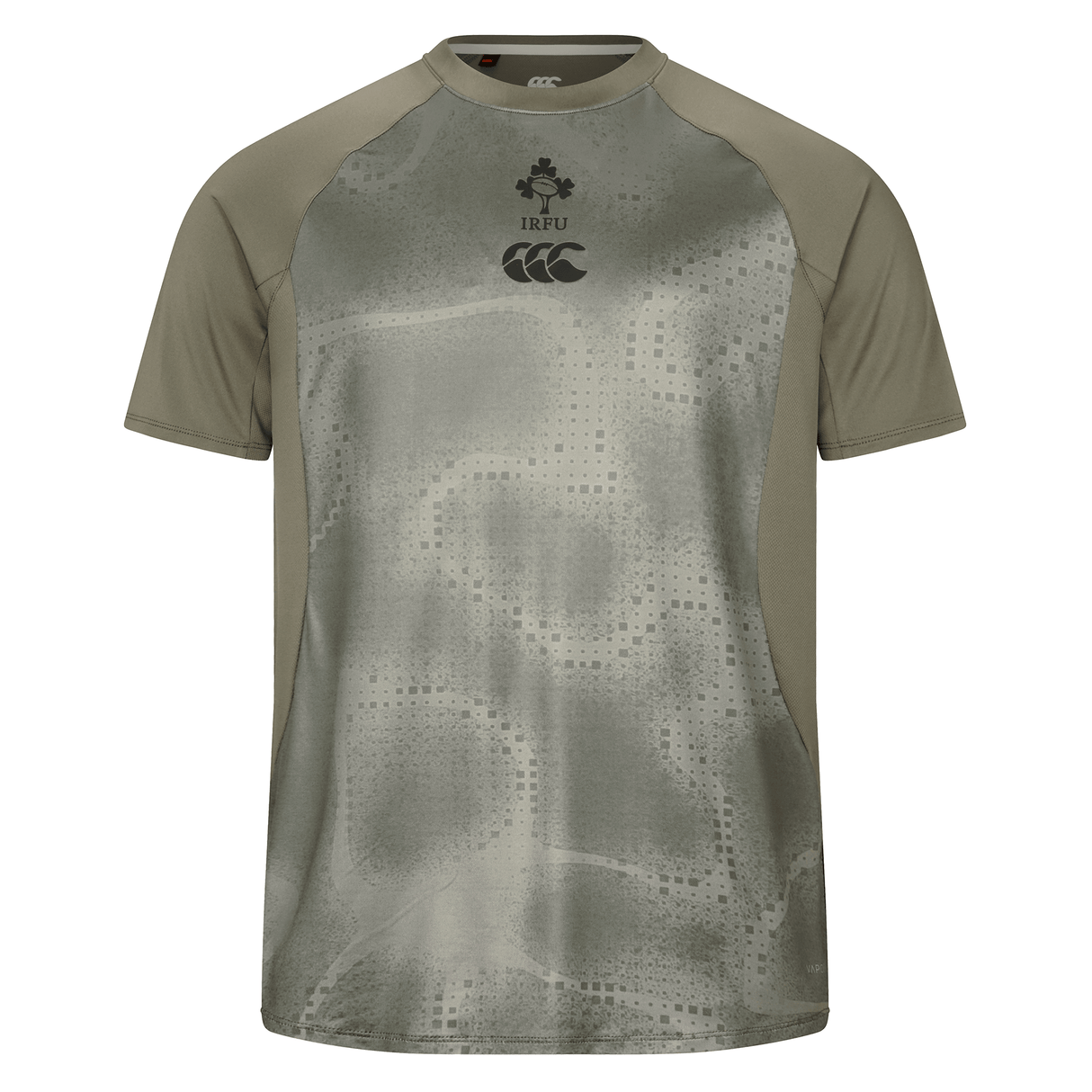 The Ireland 25/26 Superlight Training T-Shirt by Canterbury features an olive green and grey abstract design, IRFU emblem, and Canterbury logo. This breathable tee is ideal for workouts or casual wear.