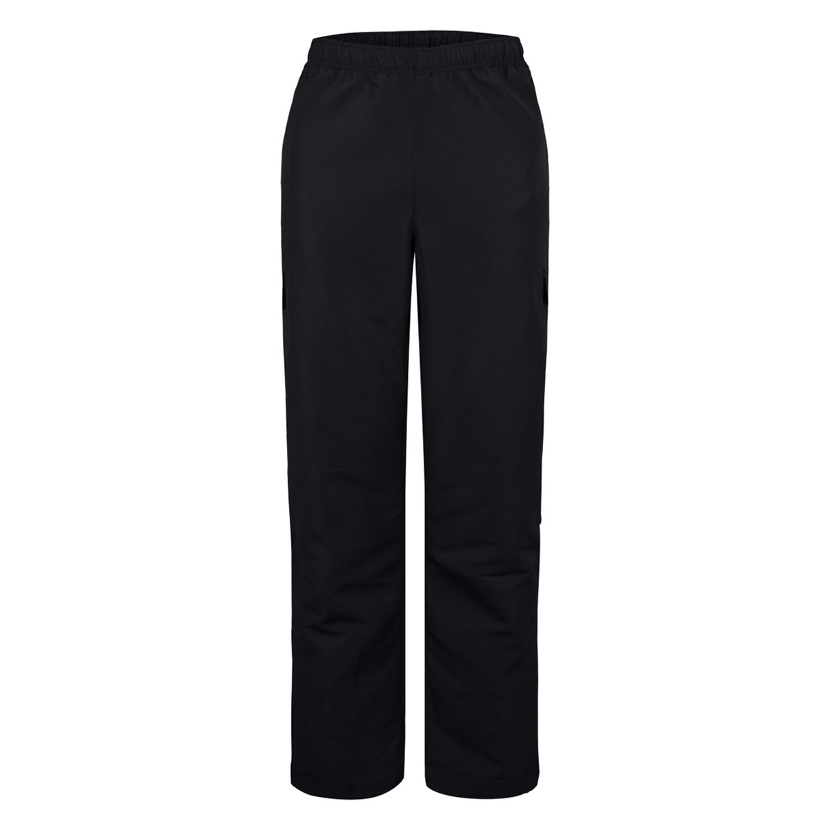 The Canterbury Force Straight Leg Pant by Canterbury is a pair of plain black jogging pants that features an elastic waistband and straight legs, viewed from the front. They effortlessly combine comfort and style, making them perfect for activewear.