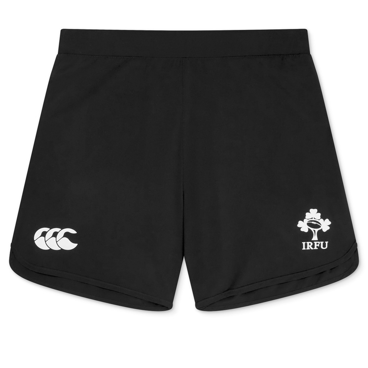 The Women's Ireland 25/26 Woven Gym Short by Canterbury features the Canterbury logo and IRFU shamrock, making it ideal for Ireland rugby gym sessions.