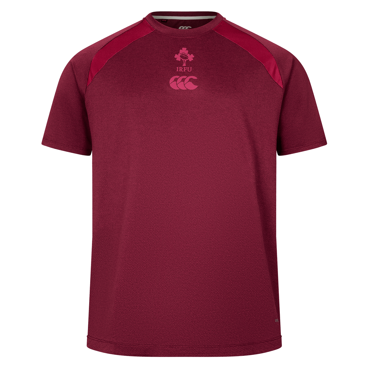 The Ireland 25/26 Autumn Internationals Elite Training Tee by Canterbury is a maroon short-sleeve top with darker red shoulders, featuring the IRFU logo, Canterbury branding, and Vapodri tech for comfort.