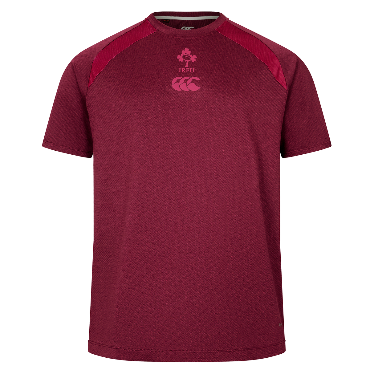 The Ireland 25/26 Autumn Internationals Elite Training Tee by Canterbury is a maroon short-sleeve top with darker red shoulders, featuring the IRFU logo, Canterbury branding, and Vapodri tech for comfort.