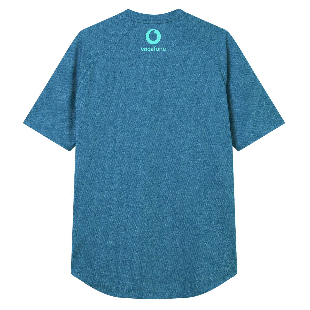 The Ireland 26/27 Summer Tour Elite Training Tee by Canterbury is shown from the back, with a small Vodafone logo and text near the neckline. This blue short-sleeve shirt offers the comfort and durability of Canterbury elite training gear.