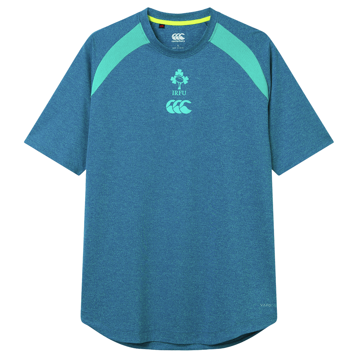 The Ireland 26/27 Summer Tour Elite Training Tee by Canterbury features blue short sleeves with light green shoulder panels, IRFU and Canterbury chest logos, delivering top comfort and performance for rugby fans.