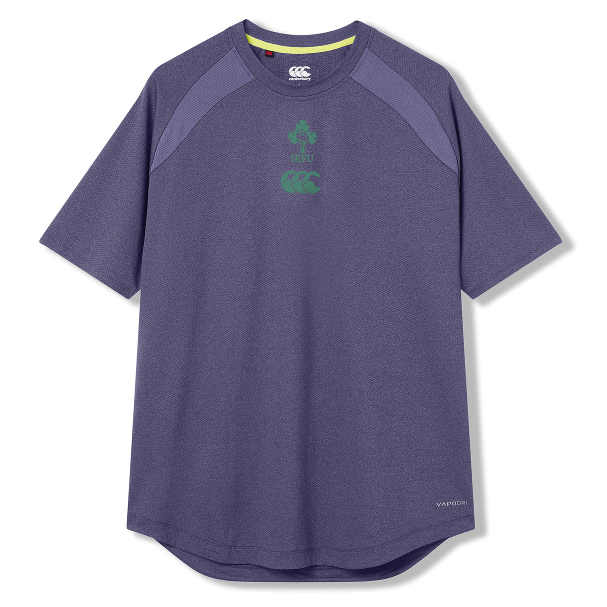 Ireland 26 Elite Training Tee by Canterbury—short-sleeve purple athletic shirt featuring a subtle green chest logo, “VAPODRI” text near the hem, and inspired by the iconic Ireland Rugby Training Top.