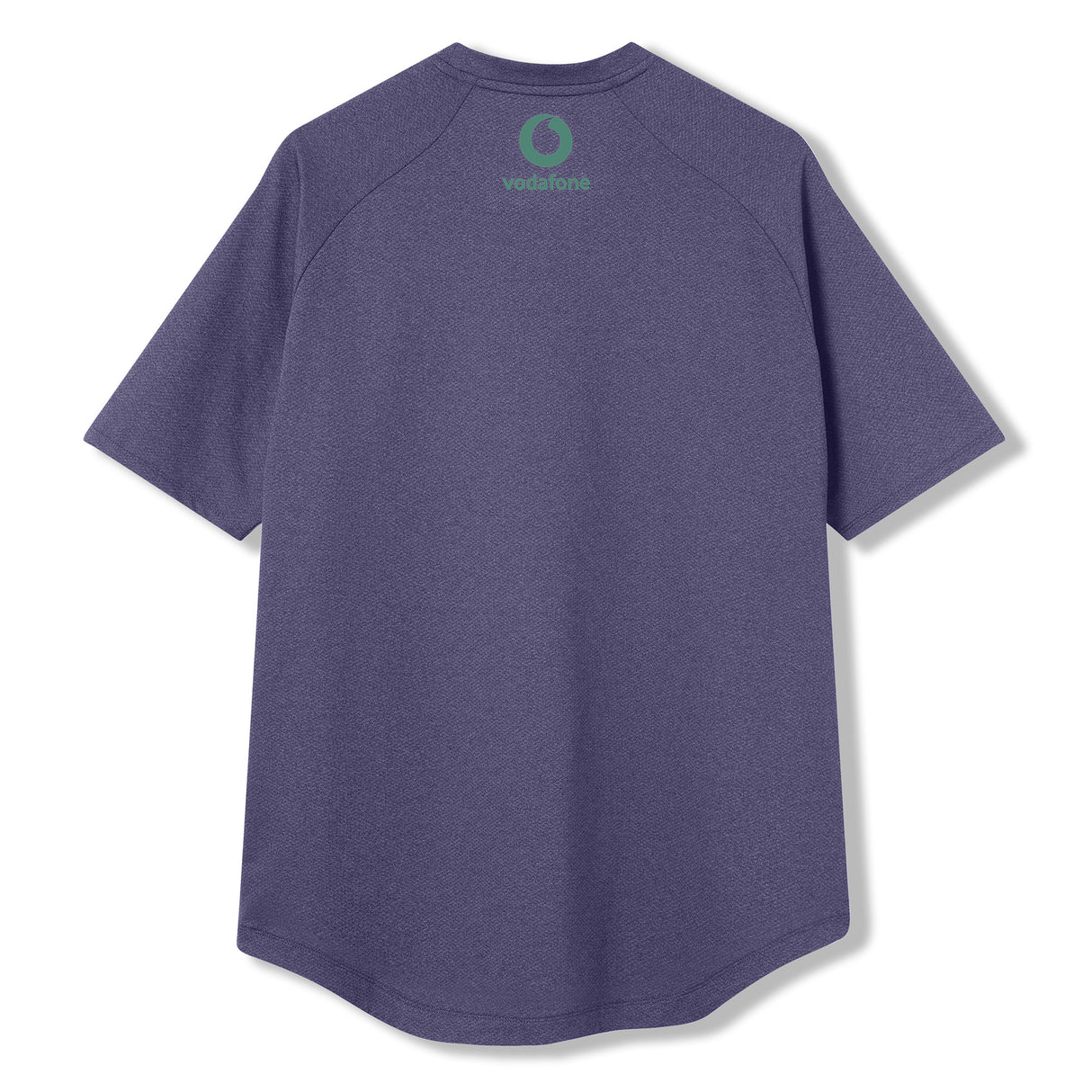 Back view of the Ireland 26 Elite Training Tee by Canterbury, a short-sleeved purple shirt featuring a green Vodafone logo and text near the neckline, displayed on a white background.