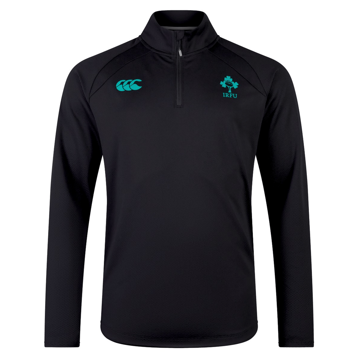 The Ireland 25 Elite First Layer by Canterbury is a black long-sleeve athletic training top with a quarter-zip, VapoDri technology, and features the Canterbury logo and IRFU emblem on the chest.
