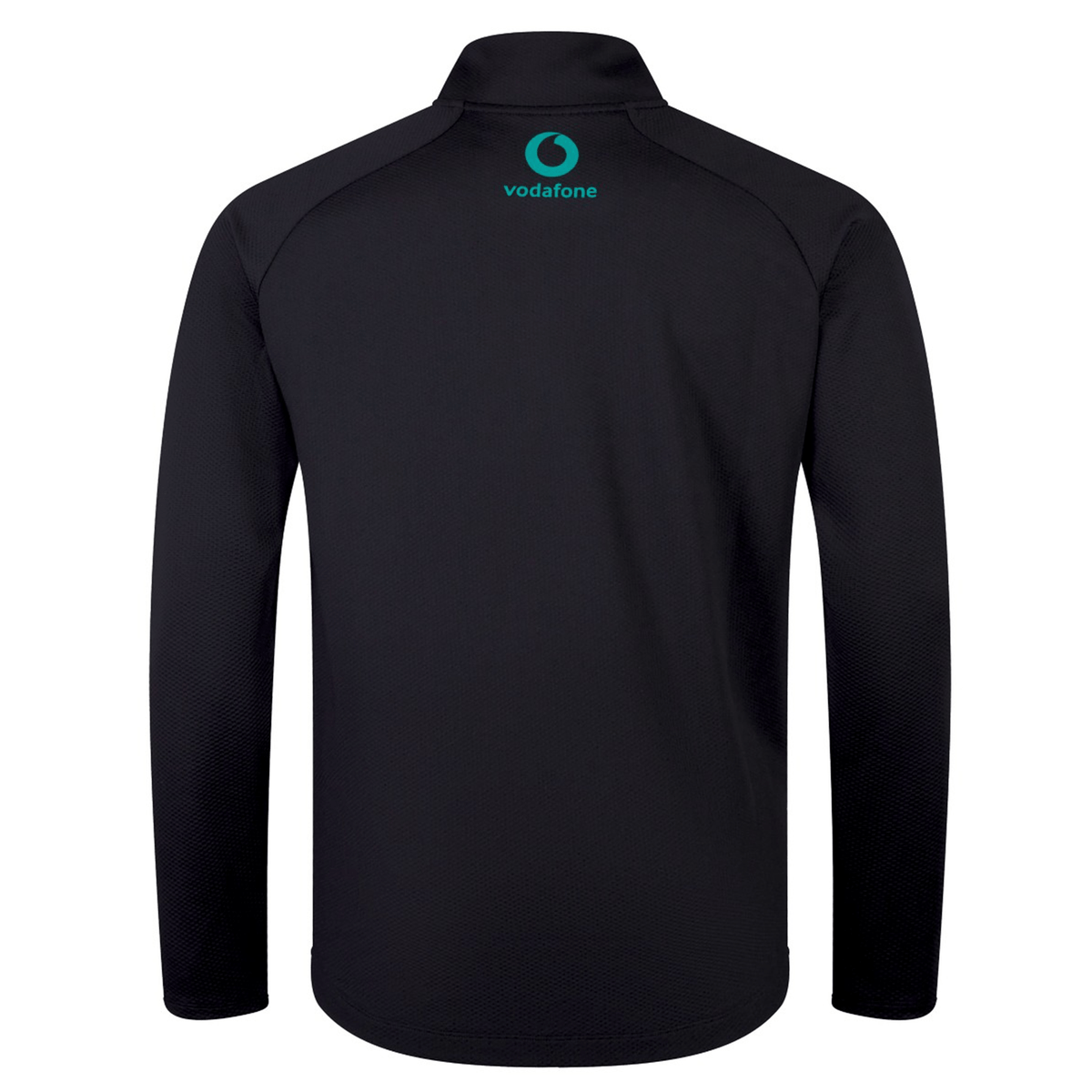 The Canterbury Ireland 25 Elite First Layer is a black long-sleeve training top, featuring VapoDri technology for comfort and a teal Vodafone logo on the upper back, inspired by elite Irish rugby gear.