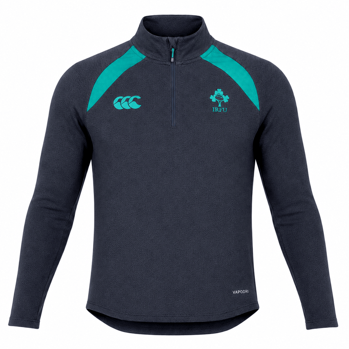 The Ireland 26/27 Summer Tour Elite First Layer by Canterbury is a dark navy quarter-zip athletic top with teal accents, Vapodri tech for comfort, and IRFU and Canterbury logos—crafted for Ireland’s elite summer tour squad.