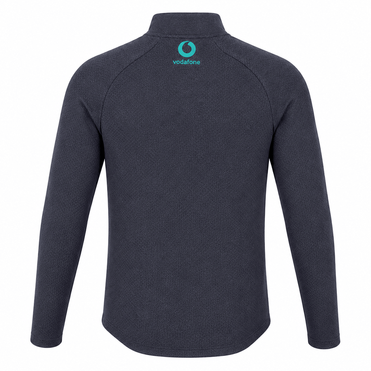 The Ireland 26/27 Summer Tour Elite First Layer by Canterbury is a dark grey, long-sleeve quarter-zip jacket, shown from the back with Vodafone and Ireland Summer Tour Elite teal logos, featuring Vapodri comfort technology.