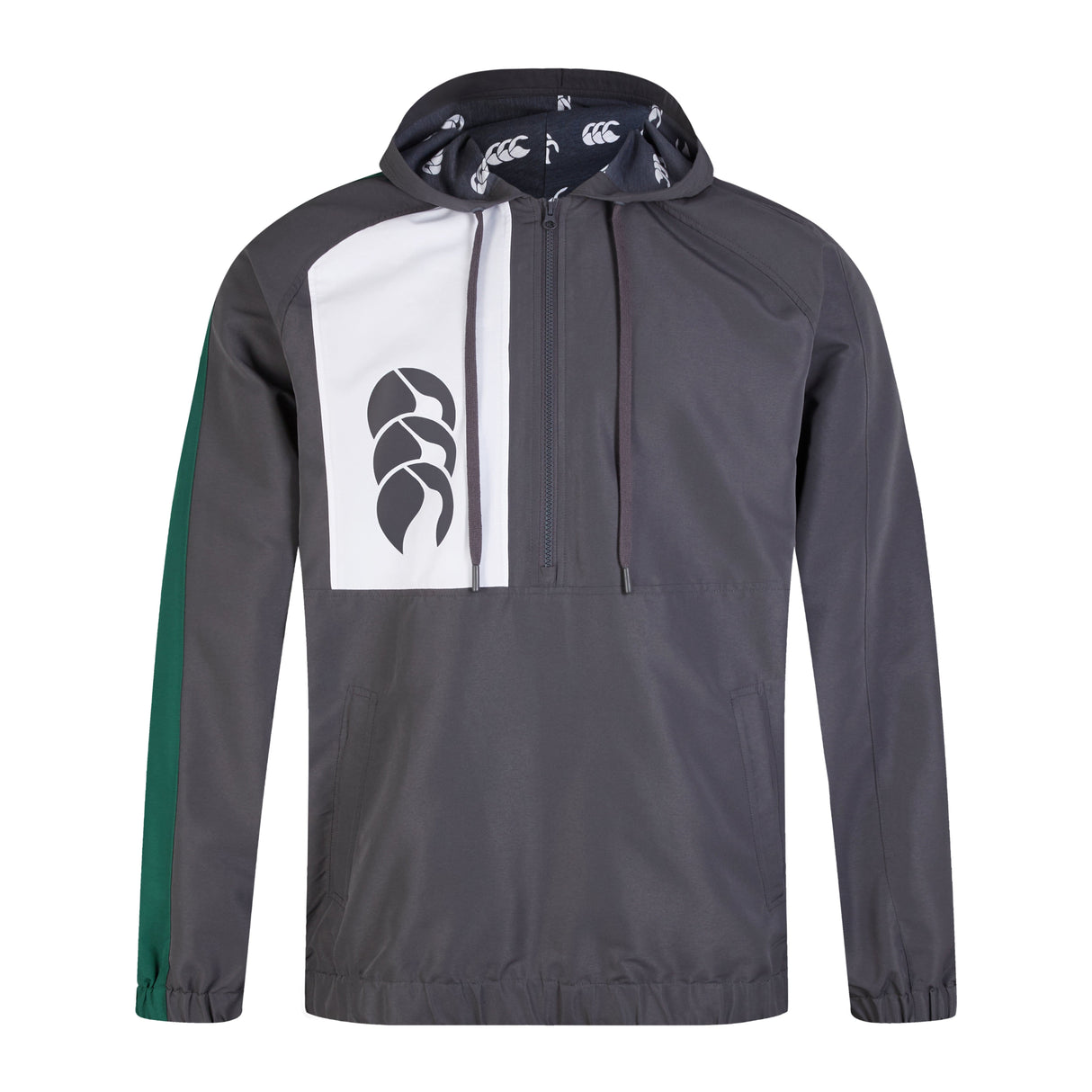 The Canterbury Legends 1/4 Zip Jacket, featuring a relaxed fit and gray hooded design with green/white accents, showcases a front panel logo. Made from a poly-blend for comfort and durability, the hood's interior sports a patterned logo design. Ideal for sports casualwear fans.