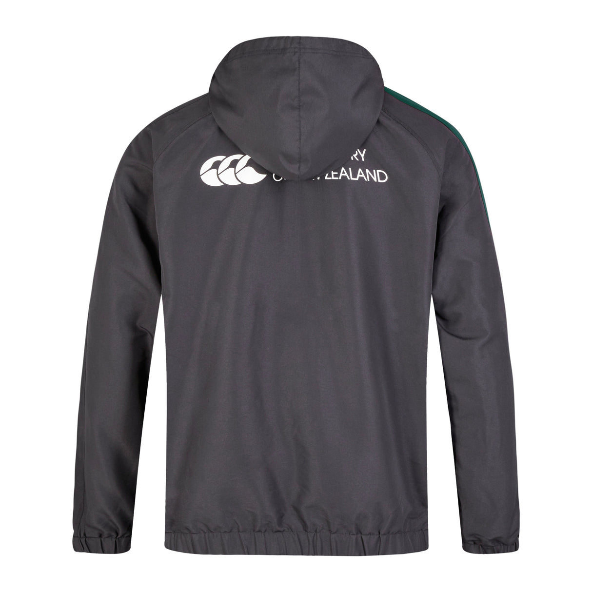 The Canterbury Legends 1/4 Zip Jacket features a black hood, "New Zealand" text on the back, and a white logo on the upper left side. Made from polyester for a relaxed fit, it's ideal for sports casualwear fans.