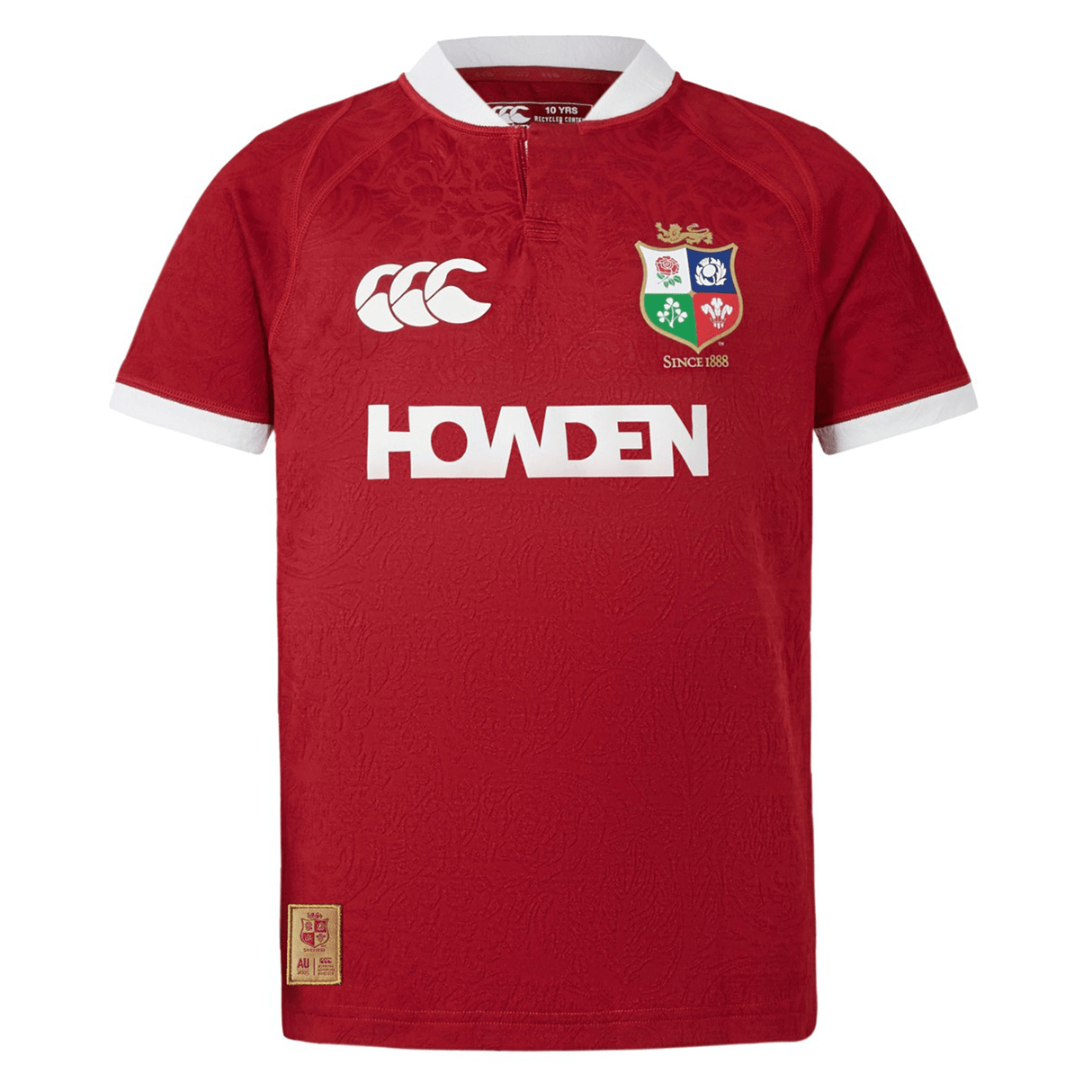 The Youth British & Irish Lions 2025 Players Jersey by Canterbury features a red design with a white collar and cuffs, ergonomic paneling for comfort, the team logo on the left chest with "1888" below it, and "HOWDEN" in white across the front.