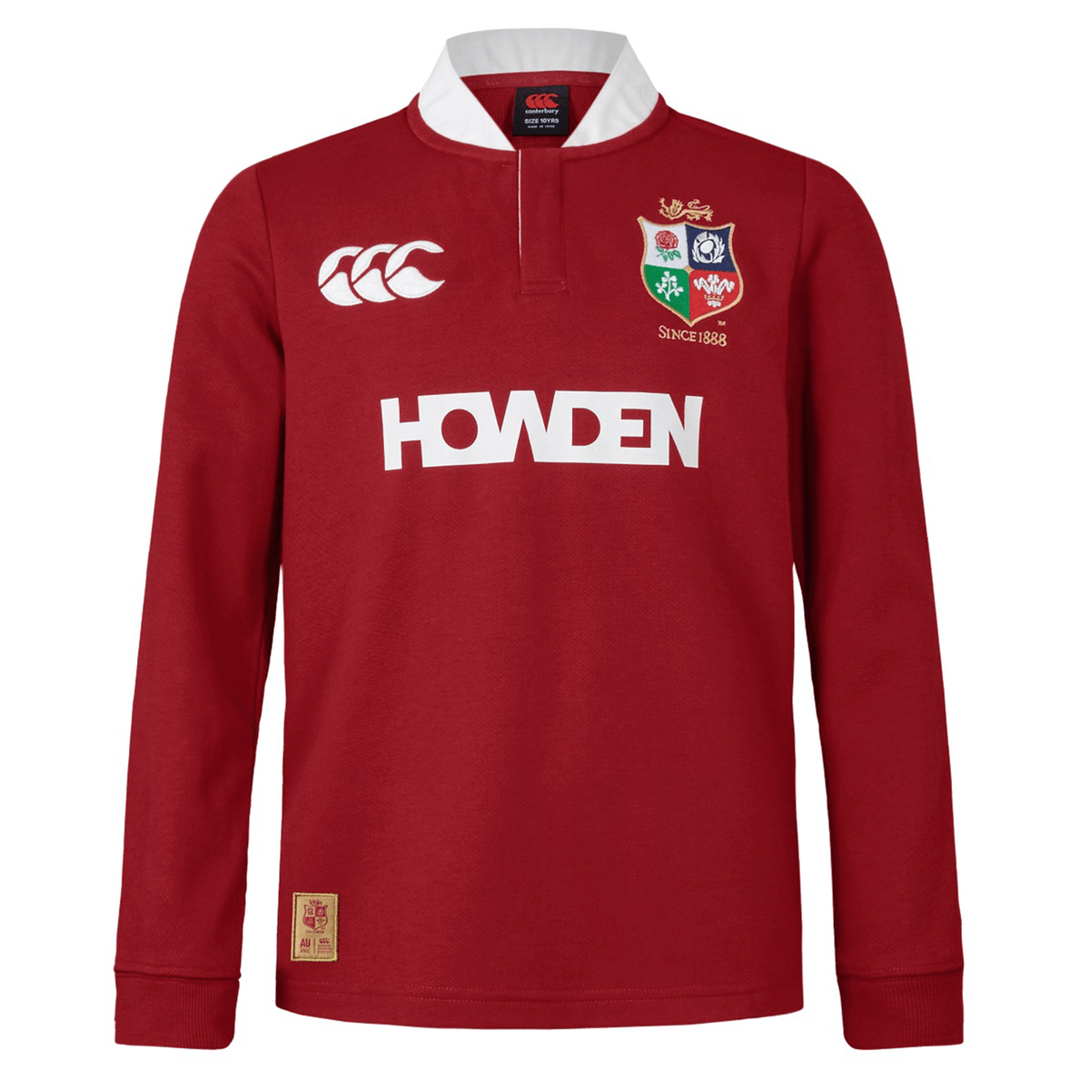 Youth British & Irish Lions 2025 Long Sleeve Classic Jersey by Canterbury: A long sleeve red rugby jersey with white collar, chest logos including "HOWDEN" sponsor and lion emblem, crafted from moisture-wicking fabric for comfort.