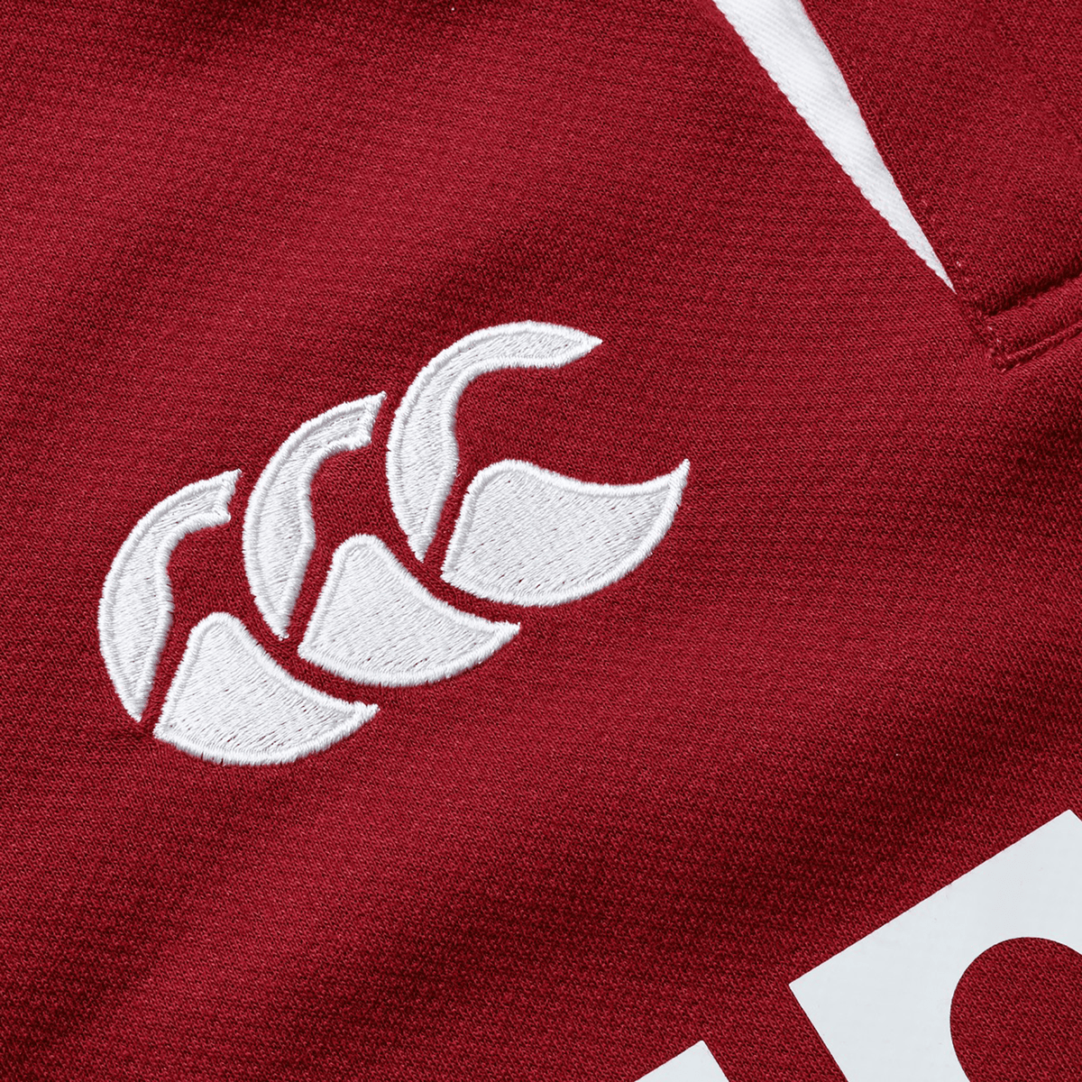 Close-up of the Youth British & Irish Lions 2025 Classic Jersey by Canterbury, short sleeve, in classic red with a white embroidered logo featuring three overlapping curves. Ideal for fans seeking timeless style.