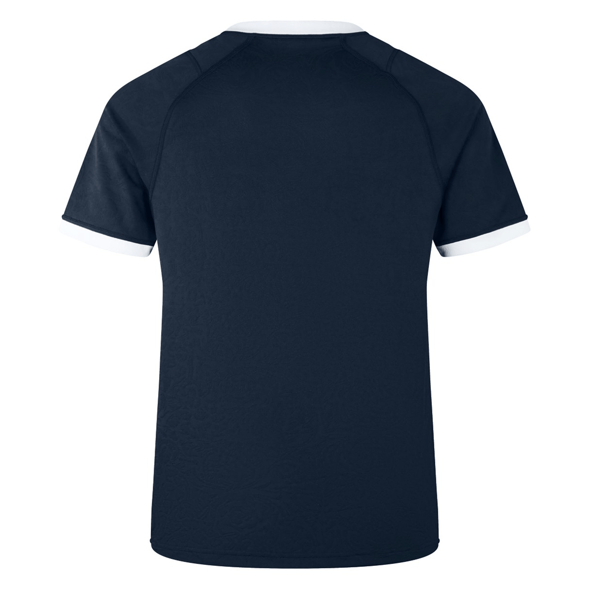 Back view of the British & Irish Lions 2025 Training Jersey by Canterbury, featuring a plain navy blue design with white trim on the sleeves and collar.
