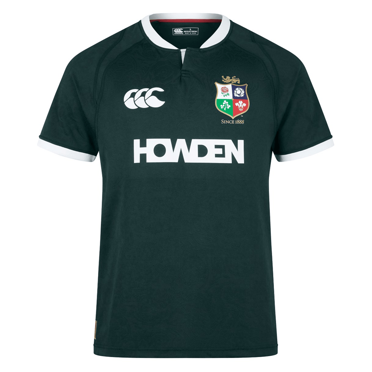 The British & Irish Lions 2025 Training Jersey by Canterbury boasts a green design featuring the "HOWDEN" logo on the front, a white collar, and iconic British & Irish Lions crests. Crafted from recycled polyester, this replica jersey offers style and sustainability for fans passionate about rugby and environmental preservation.