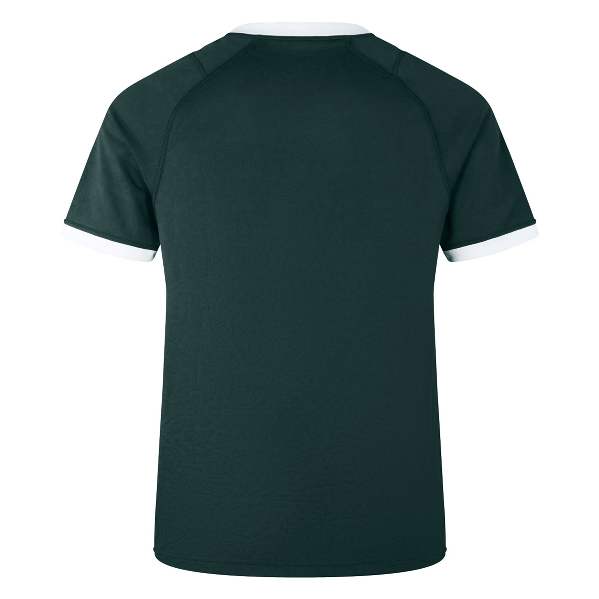 Rear view of the British & Irish Lions 2025 Training Jersey by Canterbury, a dark green short-sleeved shirt made from recycled polyester, with distinctive white trim on the sleeves and collar.