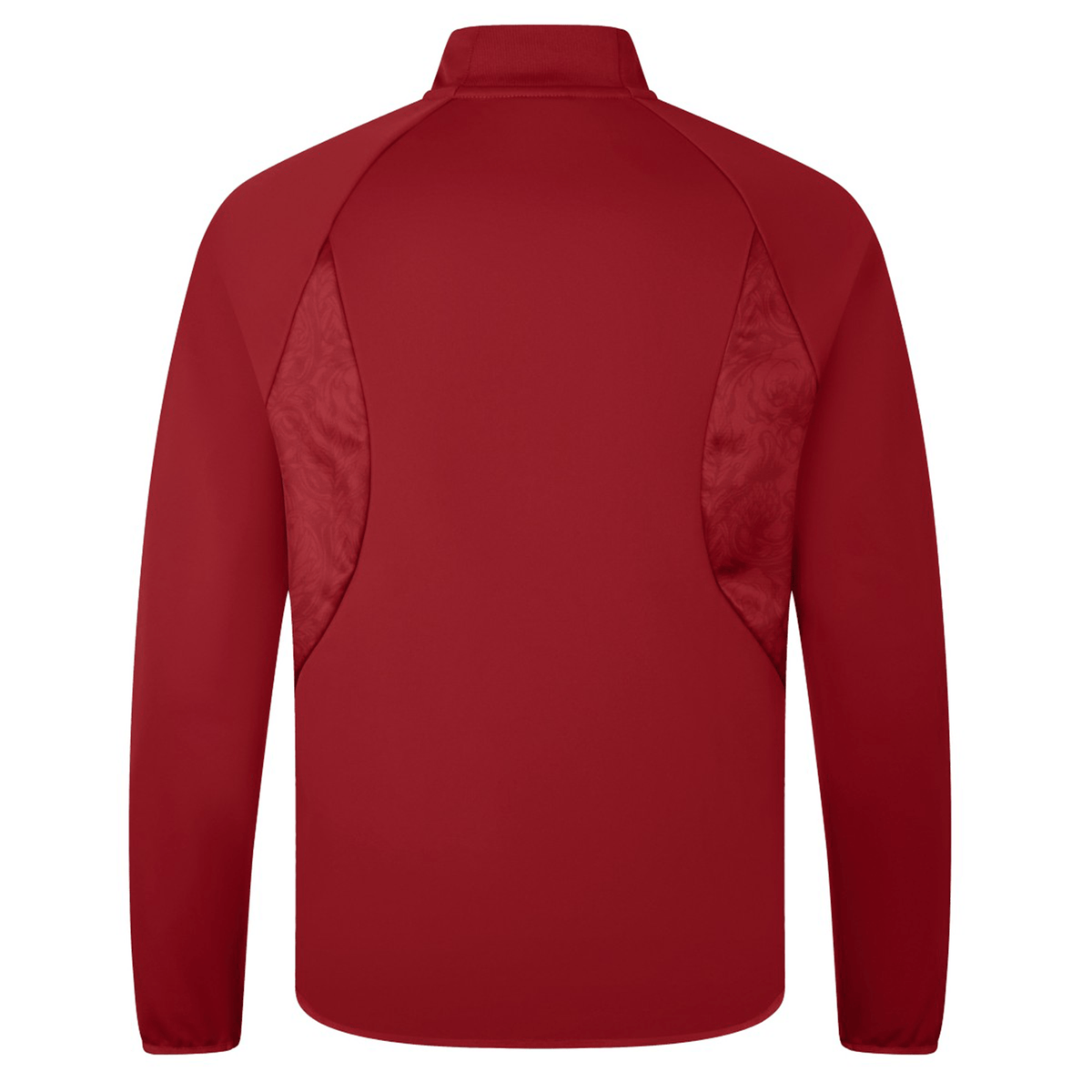 The British & Irish Lions 2025 Anthem Jacket by Canterbury is a red long-sleeve jacket featuring patterned side panels and a high collar. Its stylish design shines from the back, while its water-resistant fabric ensures protection in any weather.