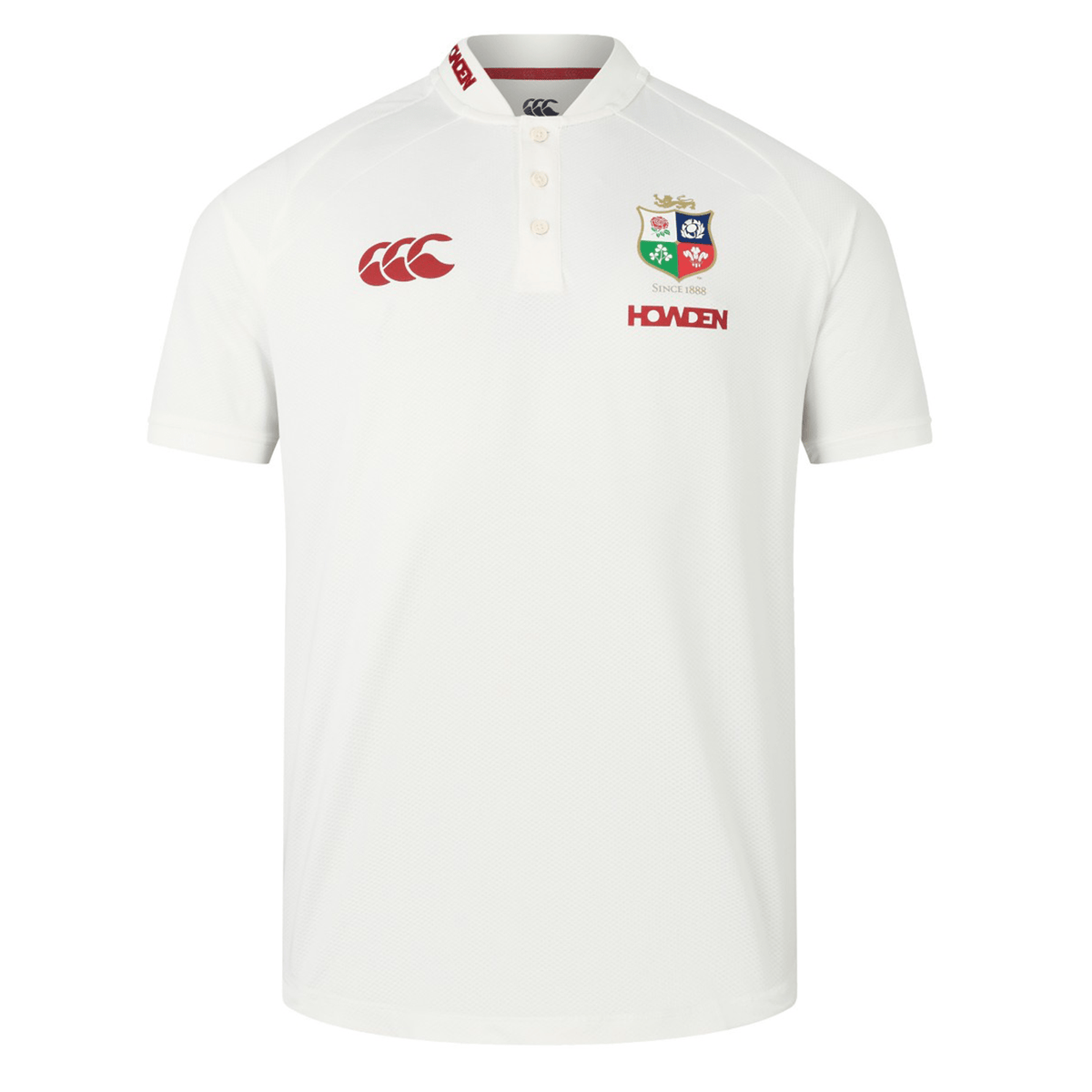 The British & Irish Lions 25 Poly Polo by Canterbury is a white rugby jersey featuring an embossed BIL neck tape, a red logo on the left chest, a crest on the right chest, and "HONDA" text. This quick-drying design includes a classic collar with three buttons, reflecting the style of a traditional British & Irish Lions polo.