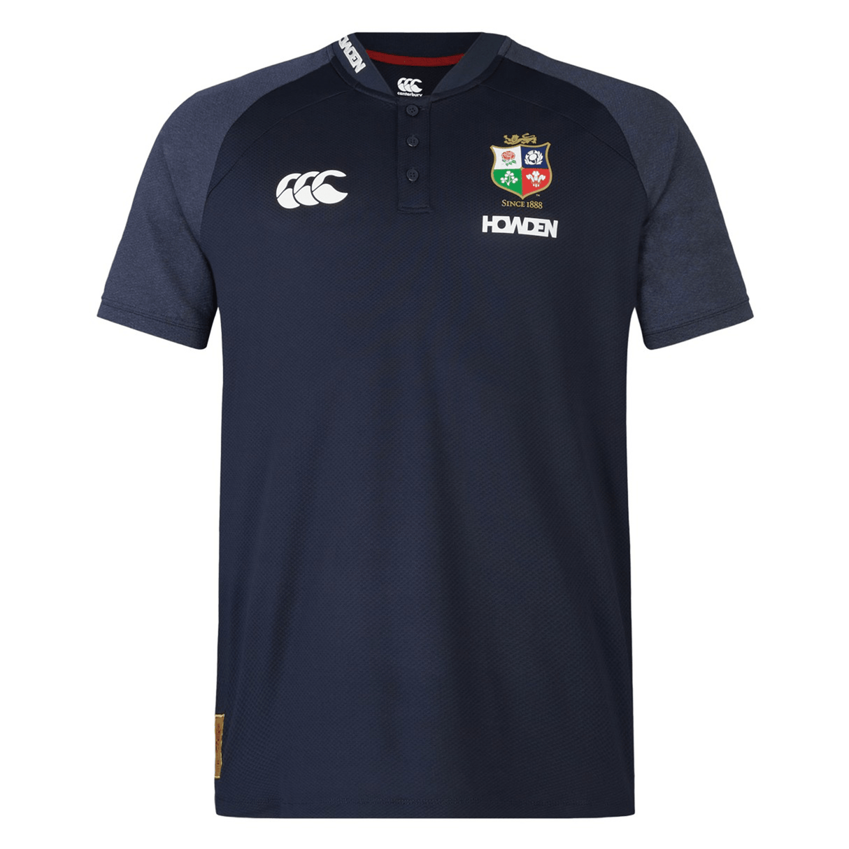 Dark blue British & Irish Lions 25 Poly Polo by Canterbury with black sleeves, featuring white Canterbury logos on the chest and colorful emblems. "Marki, since 1888" is written below the top emblem. Crafted from quick-drying fabric, this design ensures comfort during any activity.