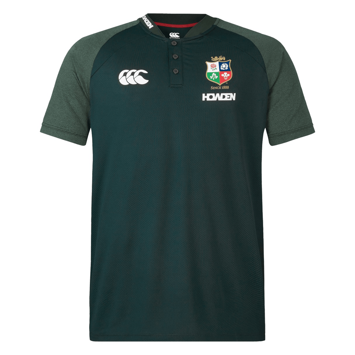 The British & Irish Lions 25 Poly Polo by Canterbury is a green rugby jersey with dark sleeves. It features white logos on the chest and a small crest on the left side. Made from breathable fabric, this polo ensures comfort during play and offers quick-drying convenience.
