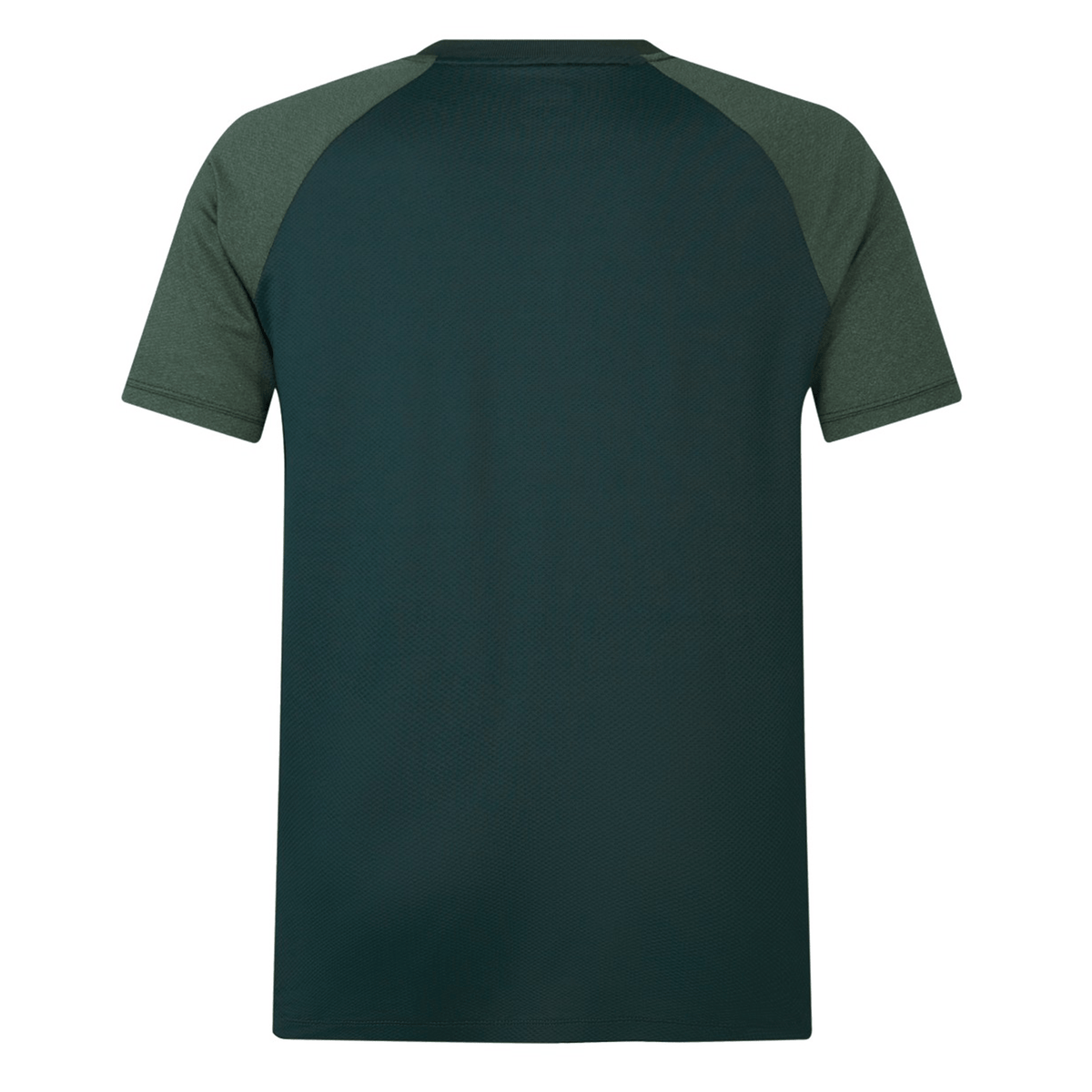 The British & Irish Lions 25 Poly Polo by Canterbury features dark green short sleeves with lighter green raglan sleeves, crafted from breathable fabric for quick-drying comfort, shown from the back.