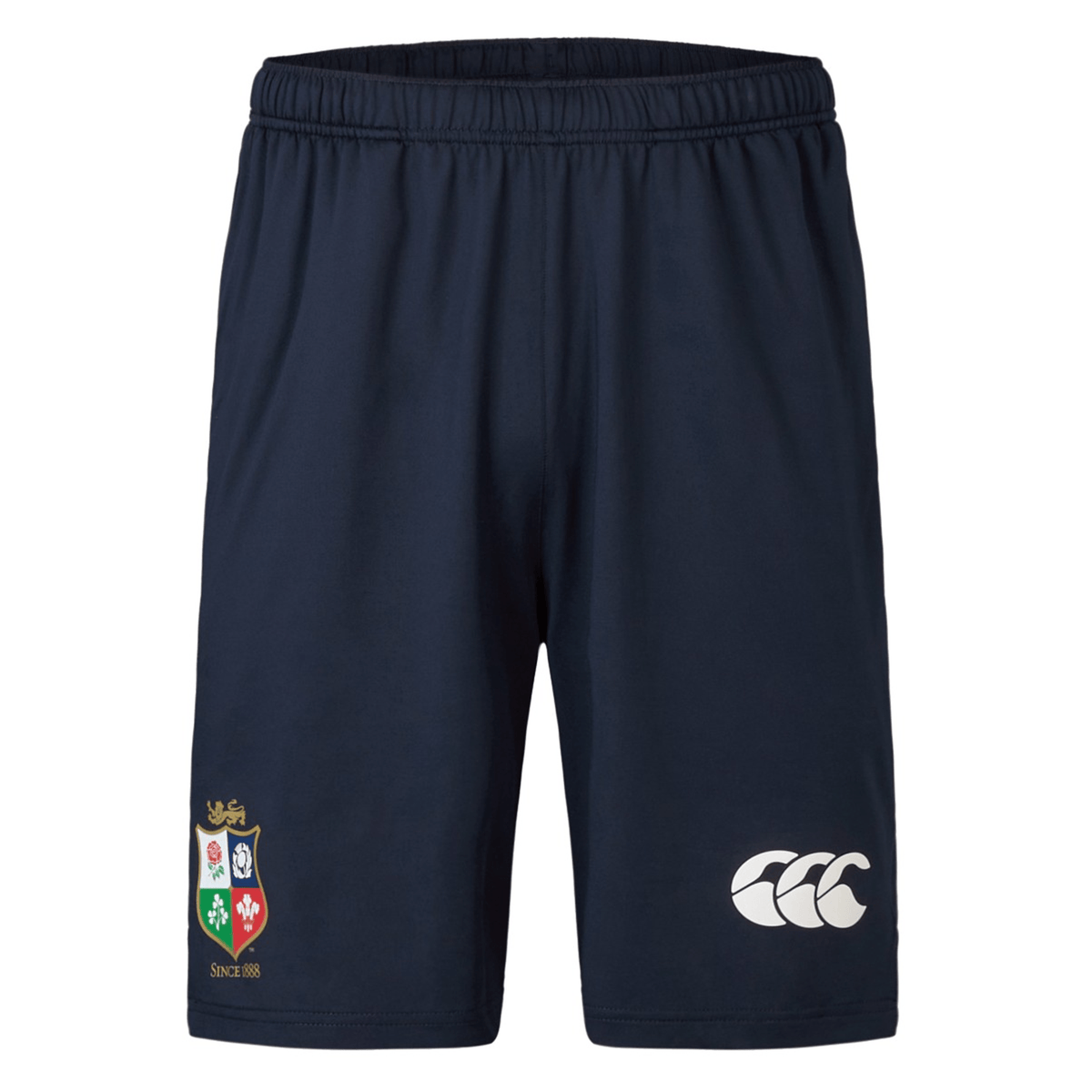 The British & Irish Lions 2025 Training Shorts by Canterbury are navy blue and feature a crest on the left leg and a logo on the right leg, making them ideal for tough training sessions.