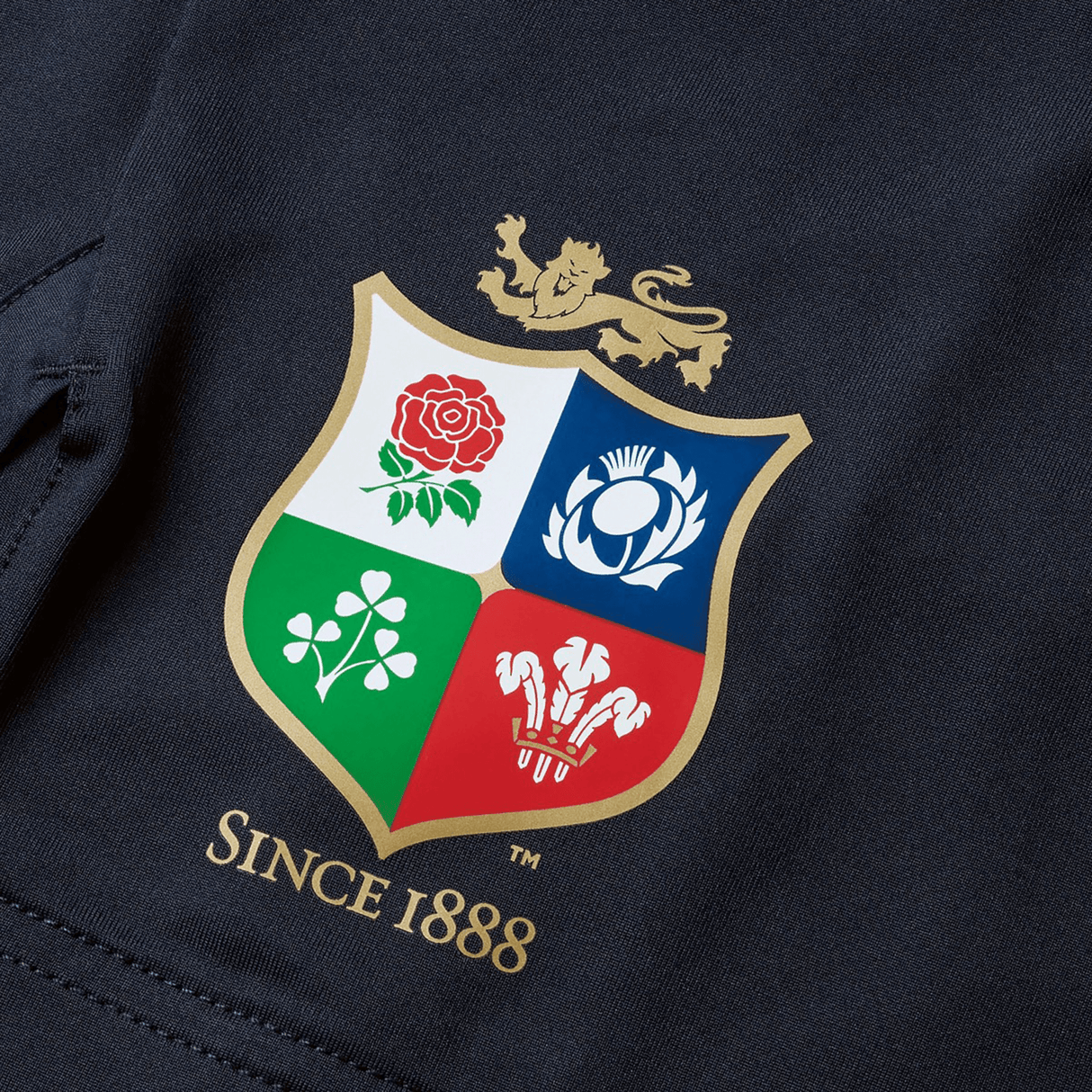 A detailed view of a crest displaying a lion above four quadrants adorned with a rose, thistle, shamrock, and feathers. Below the emblem is the inscription "Since 1888," honoring the rich heritage of the British & Irish Lions. This tribute is featured on the British & Irish Lions 2025 Training Short by Canterbury.