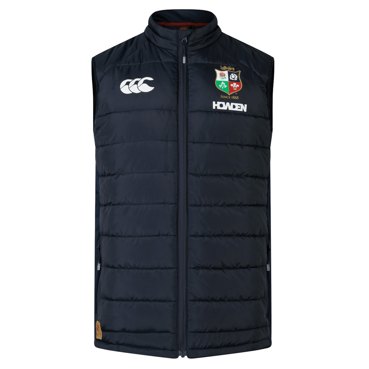 The British & Irish Lions 2025 Microlight Gilet by Canterbury comes in navy blue and showcases the British and Irish Lions logo, the Canterbury logo, and "Home" text on the front. Made with thermoreg fabric and recycled polyester, it combines style with sustainability.