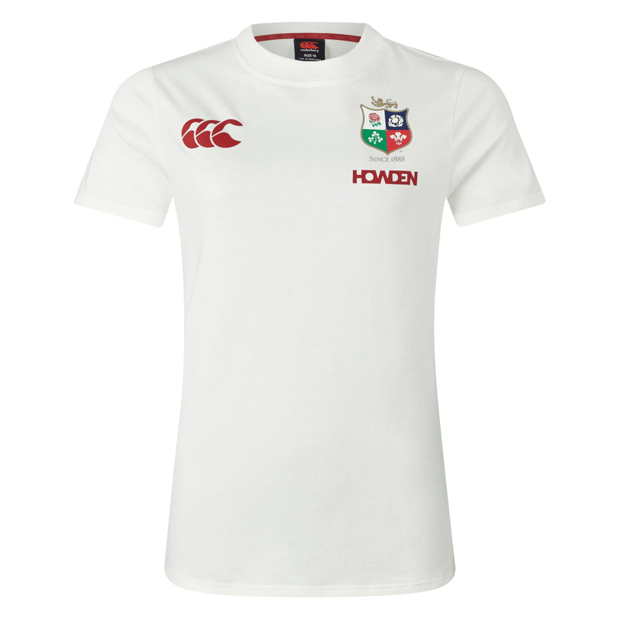 Women's British & Irish Lions 25 Cotton Jersey Tee by Canterbury, made from organic cotton, features a logo on the left chest with red stitching and "Howden" text underneath. Ideal for rugby fans, it includes a black fabric neck tag visible at the collar.