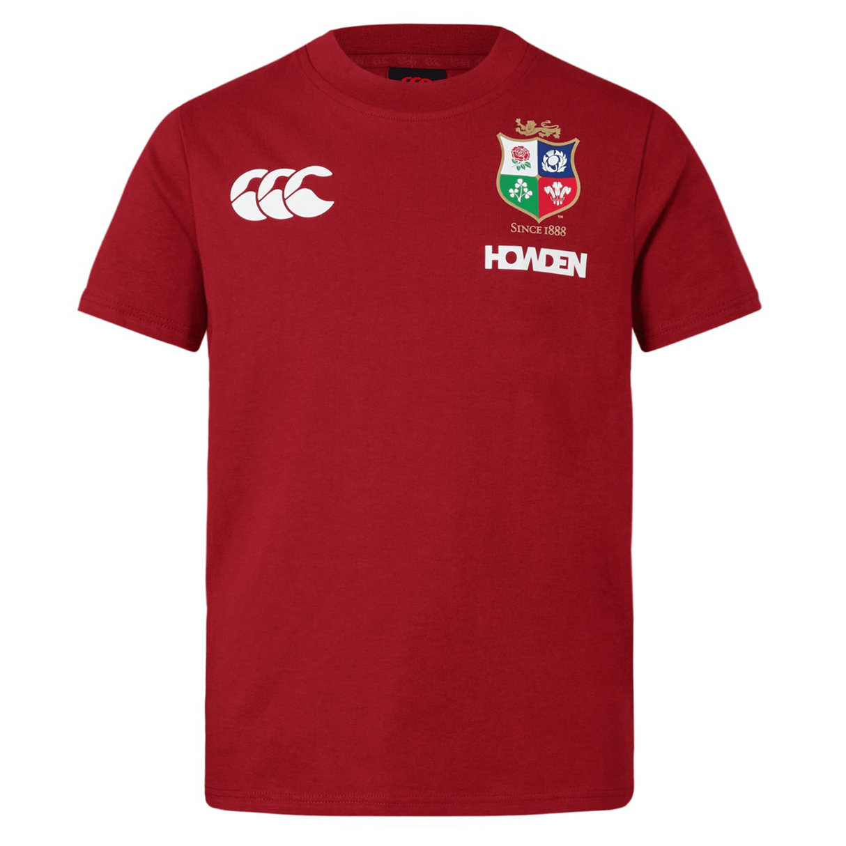 The Youth British & Irish Lions 2025 Cotton Jersey Tee by Canterbury is a red rugby shirt made from organic cotton, featuring the white Canterbury logo, a four-animal crest, and the text "SINCE 1888" and "HOMDEN," ideal for any rugby supporter or fan of the British & Irish Lions.