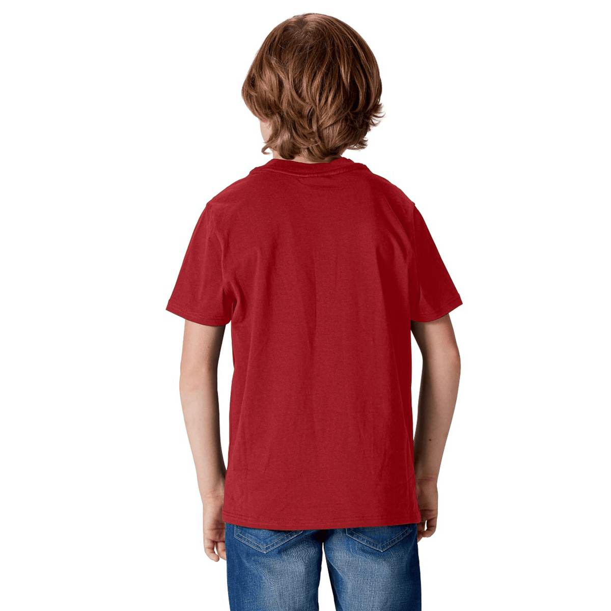 A brown-haired child, clad in the Youth British & Irish Lions 2025 Cotton Jersey Tee by Canterbury and blue jeans, stands facing away like a dedicated rugby supporter.