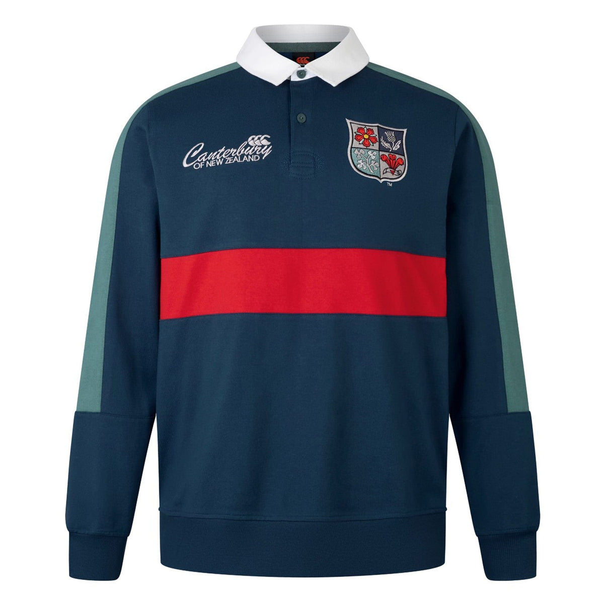 The British & Irish Lions 2025 Heritage Jersey by Canterbury, featuring a dark blue design with long sleeves, a white collar, a red horizontal stripe, and the logo on the chest, highlights its Canterbury heritage.